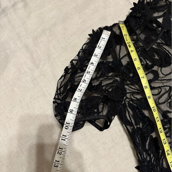 Black Sheer Mesh 3D Floral Embroidered Top Puff Sleeve Whimsigoth Witchy - Picture 10 of 10